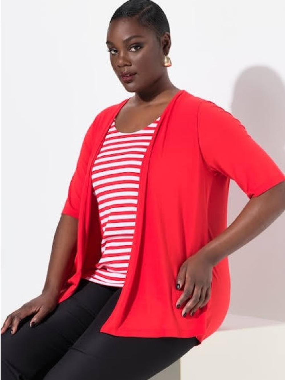 Roz & Ali Vibrant Red Open-Front Cardigan 1X